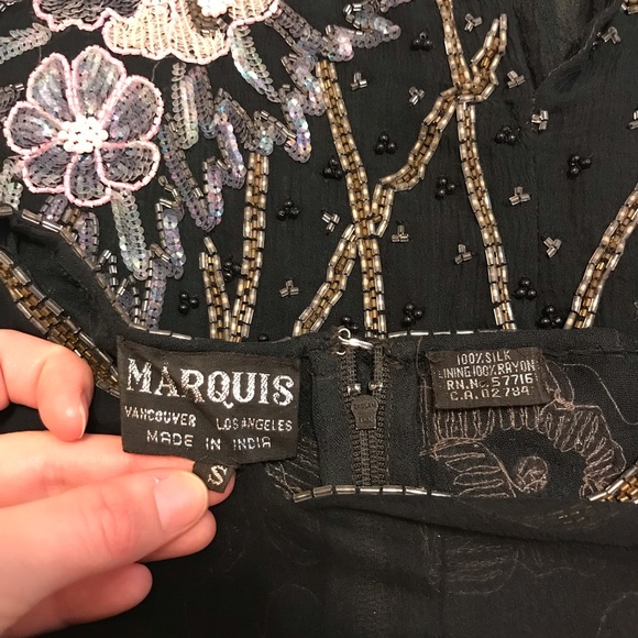 Vintage Black Silk Beaded Sequin Flower Dress S - Picture 3 of 6